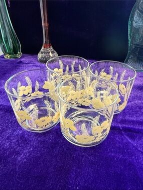 Vintage Libbey Clear Glass Mug Cream Yellow Fern Flowers set of 4 Glass Tumblers